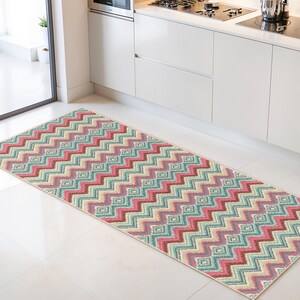 Chevron Pattern Rectangular Kitchen Runner Rug | Colorful Zigzag Design | Soft Cotton Non-Slip Floor Mat | Vibrant Home Decor