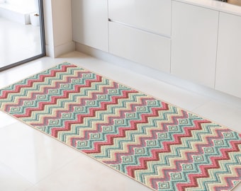 Chevron Pattern Rectangular Kitchen Runner Rug | Colorful Zigzag Design | Soft Cotton Non-Slip Floor Mat | Vibrant Home Decor