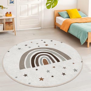 Rainbow Themed Round Kids Room Rug | Soft Nursery Carpet | Playful Stars Design | Cozy Toddler Area Mat