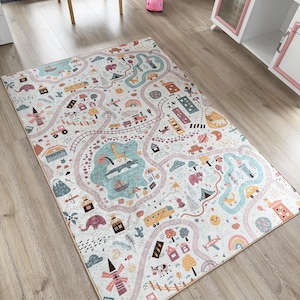 Colorful Road Map Rectangular Kids Rug | Playful Nursery Decor | Soft Cotton Carpet for Children's Rooms | Educational Play Mat