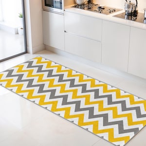 Chevron Pattern Rectangular Kitchen Runner Rug | Stylish Yellow and Gray Accent | Modern Dining Room Carpet | Durable and Washable
