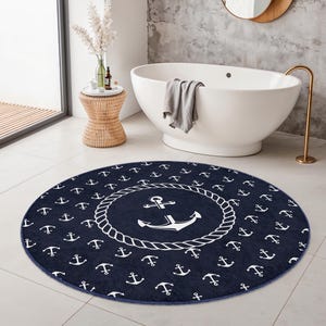 Nautical Anchor Round Bathroom Mat | Marine Theme Soft Rug | Coastal Decor | Non-Slip Washable Bath Rug