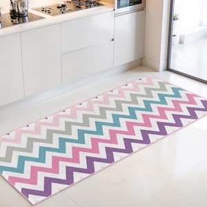 Chevron Pattern Rectangular Kitchen Runner Rug | Colorful Zigzag Design | Modern Home Decor | Soft and Washable Carpet