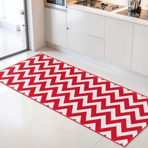Red Chevron Pattern Rectangular Kitchen Runner Rug | Stylish Dining Room Mat | Modern Home Decor | Washable Floor Carpet