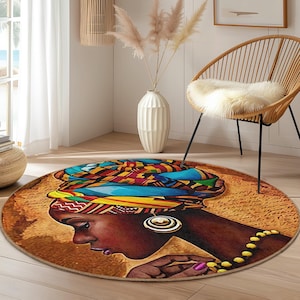 Colorful African Woman Round Area Rug | Bohemian Living Room Carpet | Ethnic Home Decor | Vibrant Circular Floor Mat