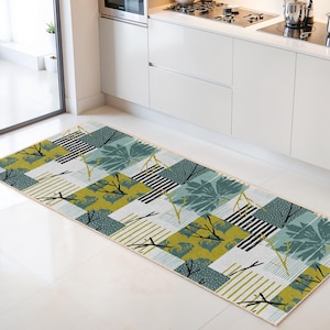 Abstract Leaf Design Washable Rectangular Kitchen Runner Rug | Stylish Floral Pattern Carpet | Modern Home Decor Accent