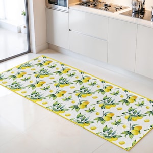 Lemon Patterned Rectangular Kitchen Runner Rug | Bright and Cheerful Fruit Decor | Washable Area Mat for Home