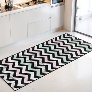 Chevron Pattern Rectangular Kitchen Runner Rug | Stylish Black and Pastel Accent Floor Mat | Modern Home Decor