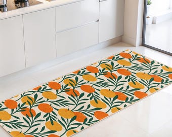 Citrus-Themed Rectangular Kitchen Runner Rug | Orange and Green Fruit Design | Stylish Kitchen Carpet | Bright Home Decor