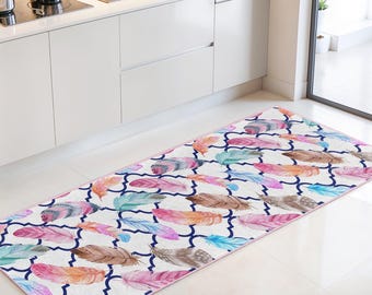 Colorful Feather Pattern Rectangular Kitchen Runner Rug | Soft Cotton Non-Slip Mat | Stylish Home Décor for Any Space