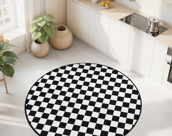 Alfombra de cocina redonda a cuadros en blanco y negro / Elegante alfombra circular / Decoración moderna para el hogar / Alfombra suave y lavable