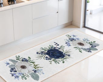 Floral Print Rectangular Kitchen Runner Rug | Blue and White Flower Design | Elegant Kitchen Décor | Washable Home Carpet