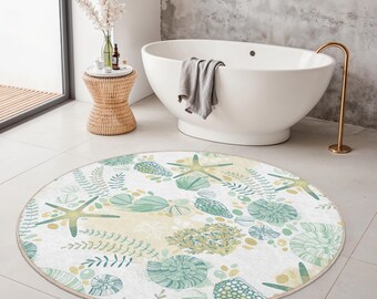 Coastal Themed Round Bathroom Mat | Sea Life Patterned Rug | Beach House Decor | Nautical Home Accessory