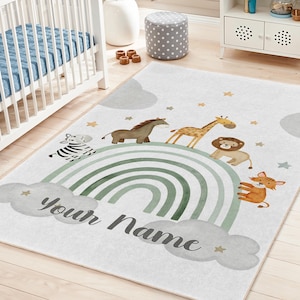 Safari Animal Kids Rug with Name Option | Kids Room Rainbow Decor Giraffe, Lion, Zebra, Horse , Tiger Design | | Personalized Baby Play Mat