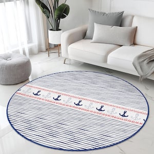 Nautical Themed Round Living Room Rug | Striped Anchor Design Carpet | Coastal Home Decor | Beach Style Area Mat