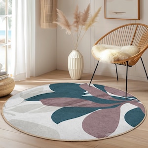 Elegant Round Floral Area Rug | Soft Cotton Living Room Carpet | Modern Home Decor | Stylish Botanical Round Mat