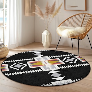 Tribal Geometric Round Area Rug | Bohemian Black and Colorful Living Room Carpet | Stylish Soft Floor Mat for Home Décor
