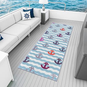 Nautical Anchor Pattern Rectangular Rug | Sailor&#39;s Dream Runner Mat | Coastal Home Decor | Beach House Entryway Carpet