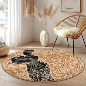 Elegant African Woman Round Rug | Unique Bohemian Home Decor | Stylish Living Room Carpet | Artistic Round Area Rug