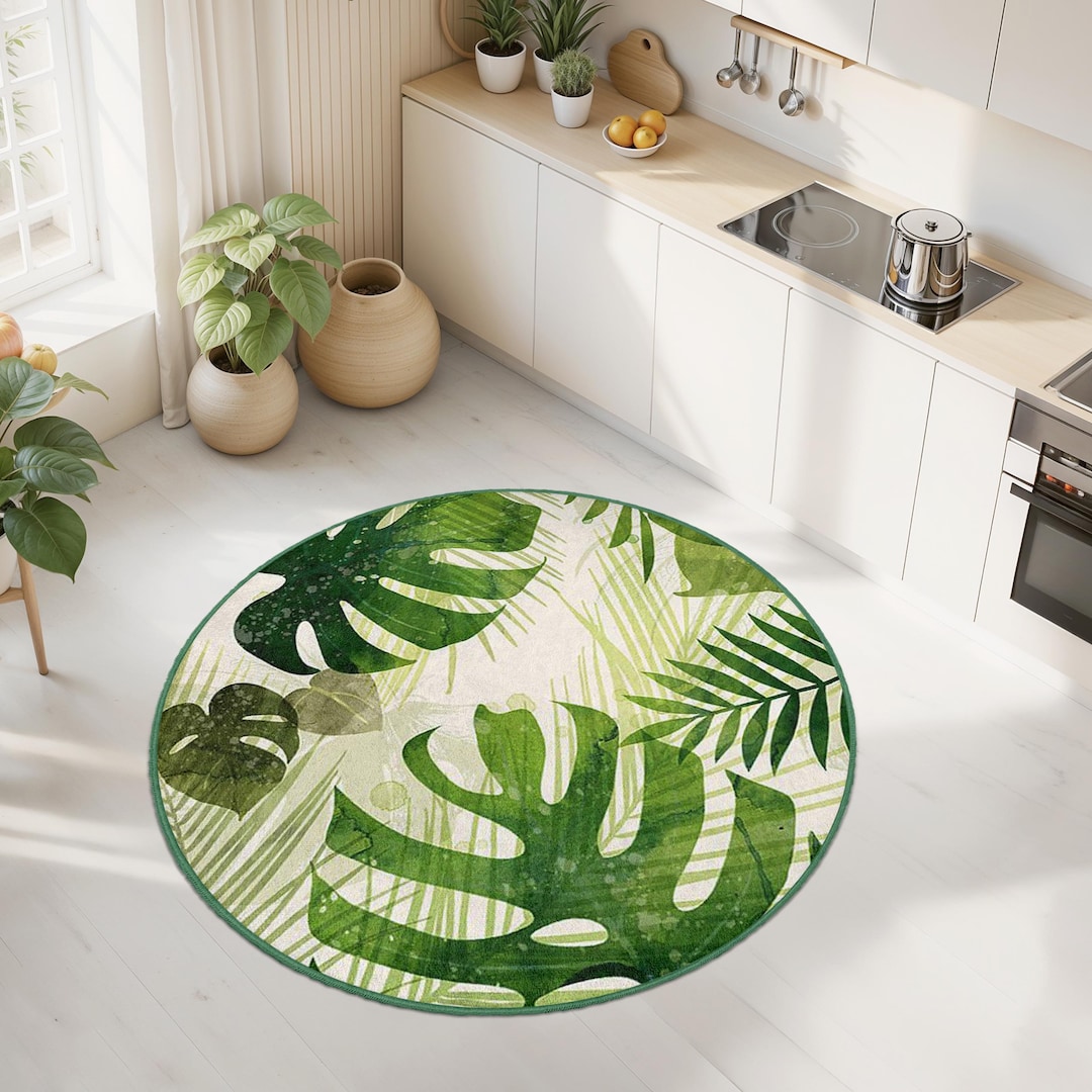 Tropical Leaf Round Kitchen Rug | Green Botanical Area Mat | Indoor ...