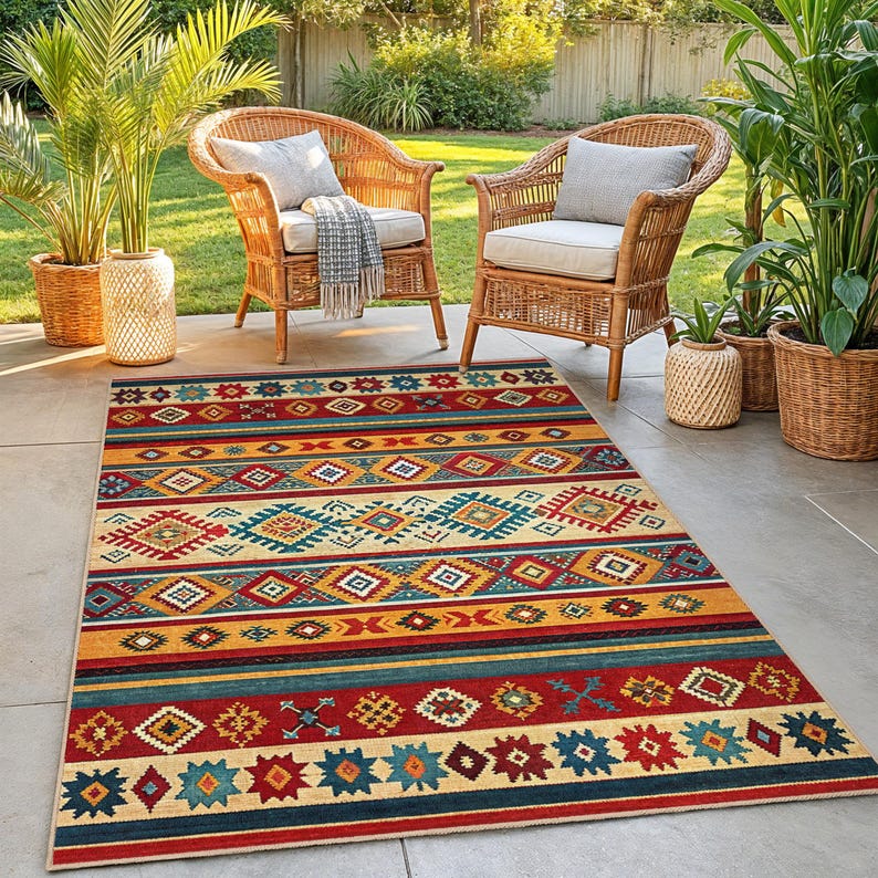 May include: A rectangular outdoor rug with a Southwestern design. The rug features a pattern of horizontal stripes in red, yellow, teal, and cream. Two wicker chairs with cushions are in the background, along with potted plants.