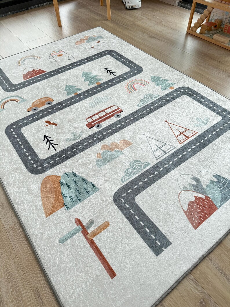 Road Adventure Themed Rectangular Kids Rug | Playful Nursery Carpet ...