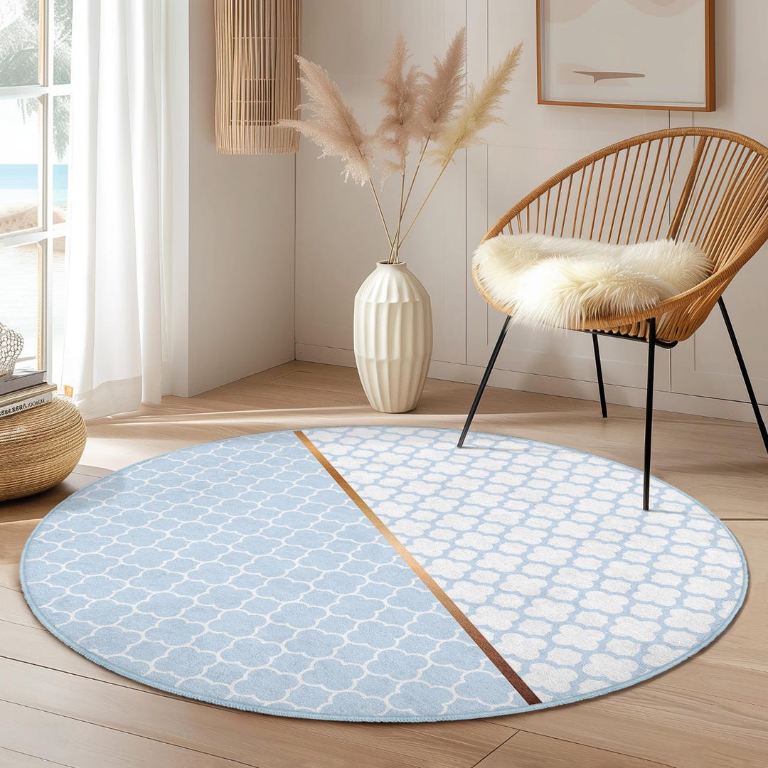 Elegant Geometric Pattern Round Area Rug | Soft Blue Living Room Carpet ...