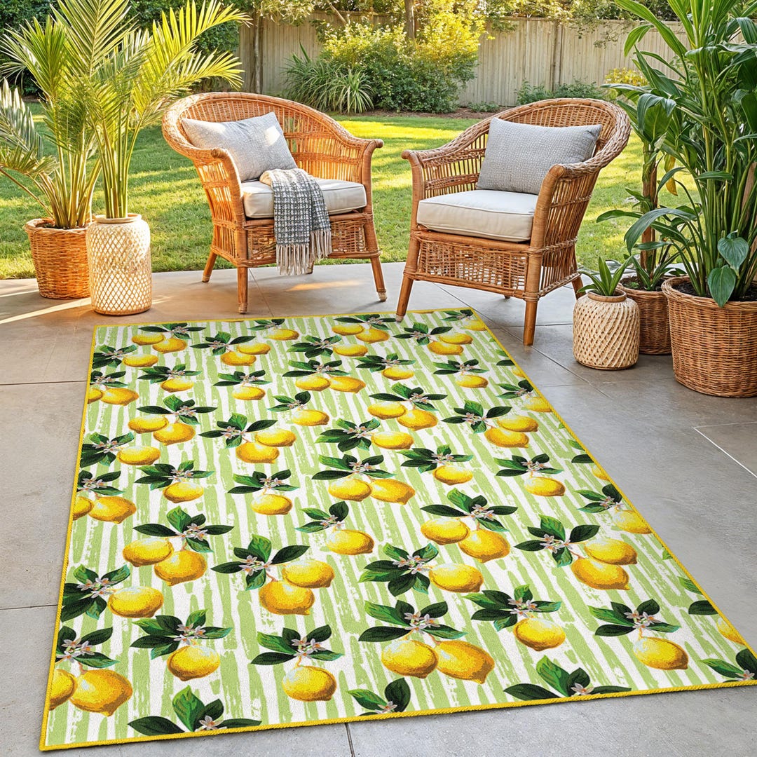 Lemon Pattern Rectangular Kitchen Rug | Fresh Citrus Design Floor Mat ...