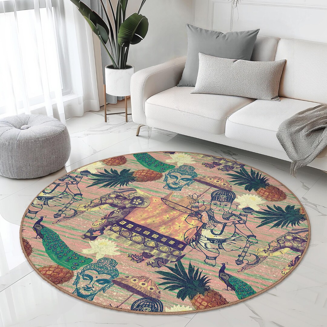 Buddha and Tropical Patterns Round Living Room Rug | Exotic Home Decor ...