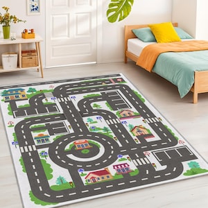 Colorful Road Themed Rectangular Kids Play Rug | Interactive Car Mat for Children&#39;s Room | Non-Slip Soft Carpet | Ideal for Toddlers