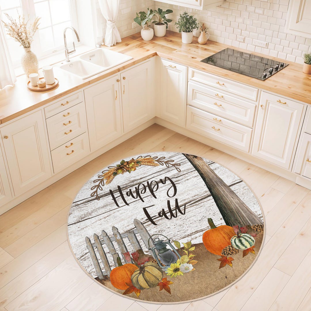 Round Autumn Rug Happy Fall Round Kitchen Rug | Autumn Themed Area Mat | Cozy Harvest ...