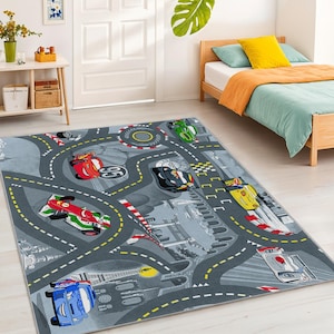 Racing Cars Themed Rectangular Kids Room Rug | Playful Track Design Carpet | Ideal for Children&#39;s Bedroom Decor | Fun Car Mat