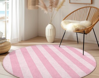 Pink Striped Round Living Room Rug | Soft Cotton Area Carpet