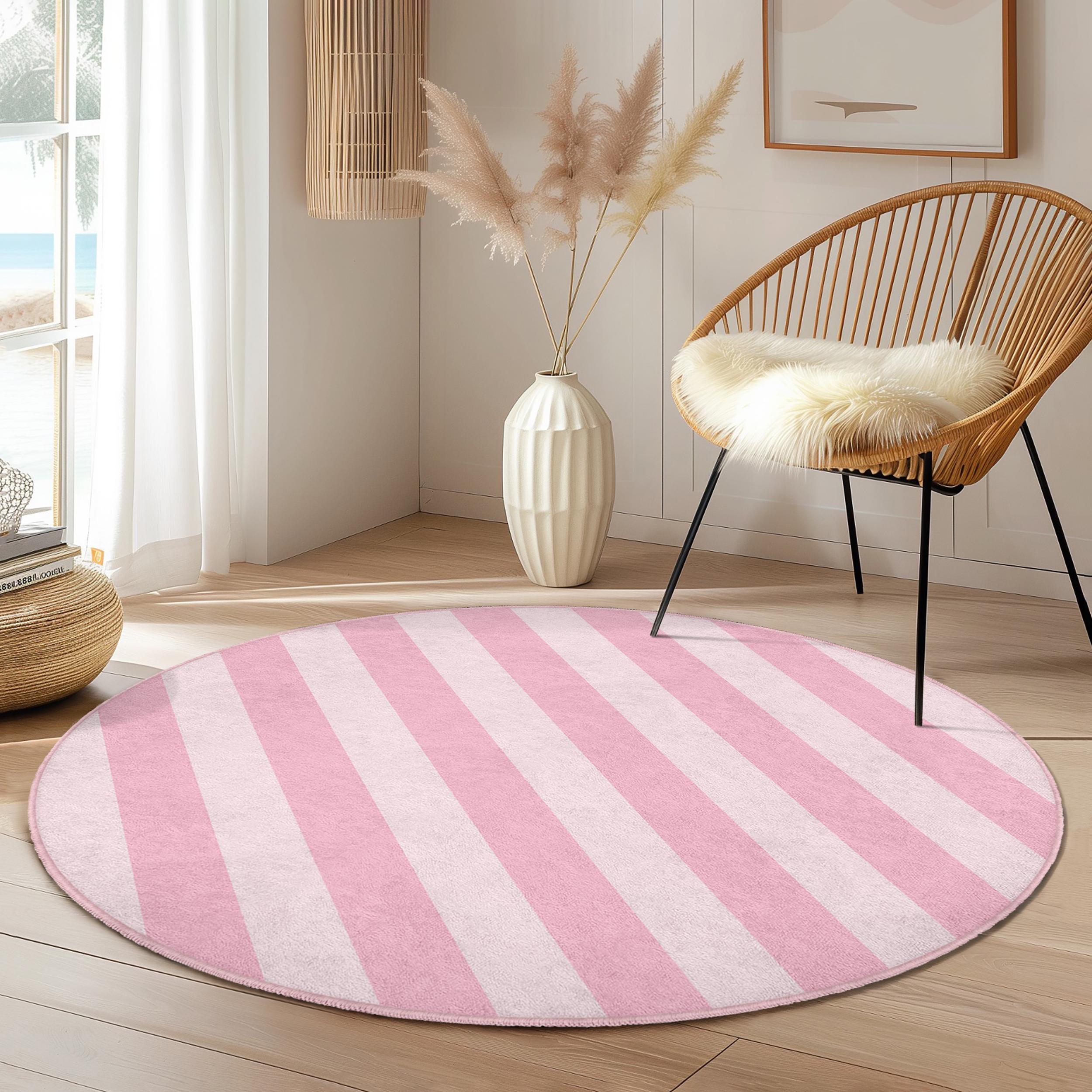 Pink Striped Round Living Room Rug | Soft Cotton Area Carpet