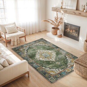 May include: A rectangular green area rug with a distressed, vintage-inspired design. The rug features a central medallion with cream, yellow, and blue accents, surrounded by a border of complementary colors. The rug is placed on a hardwood floor.