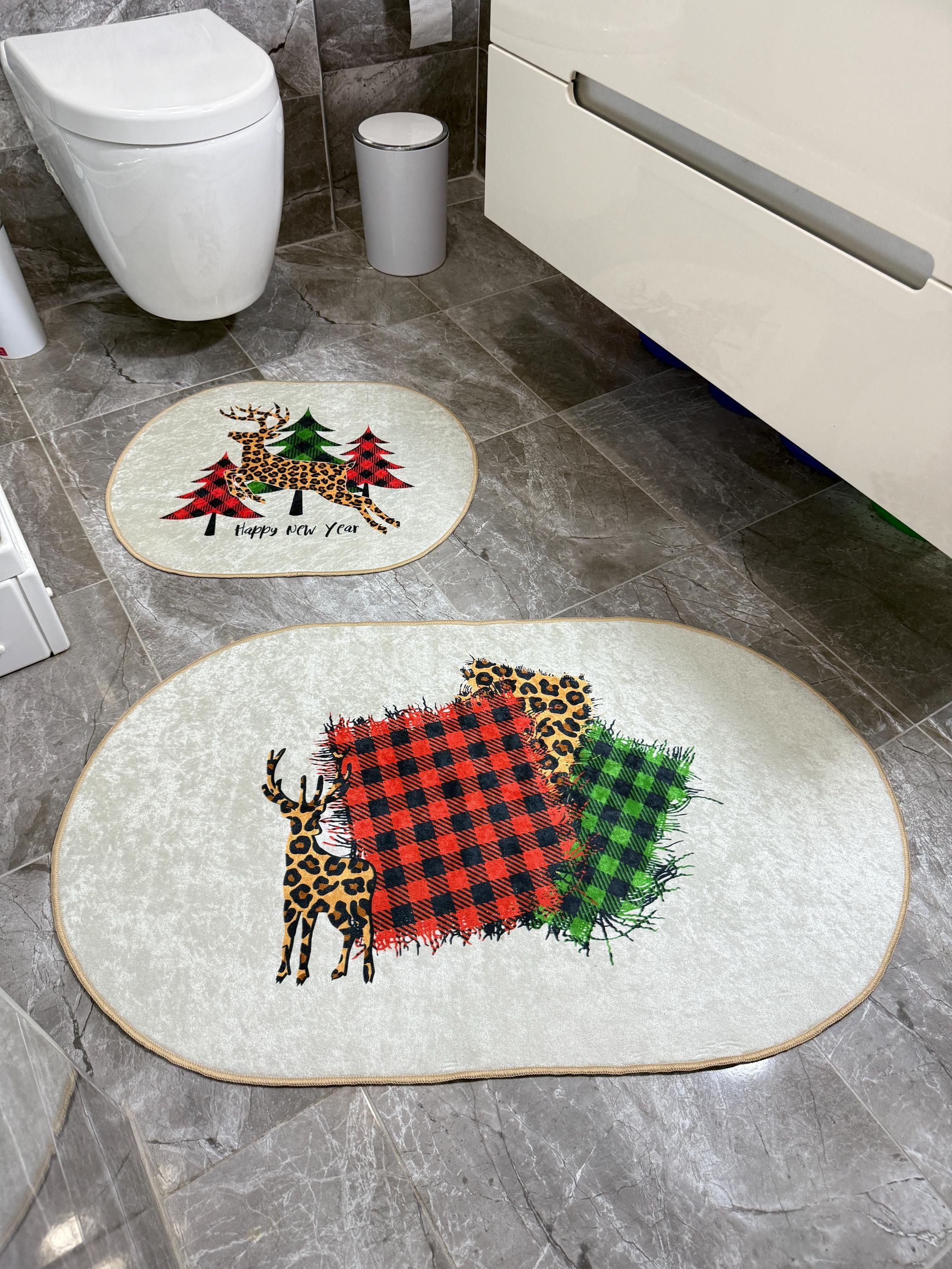 Plaid and Leopard Print Rectangular Bath Mat Set | Stylish Non