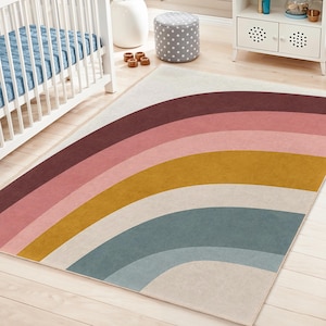 Rainbow Themed Rectangular Kids Room Rug | Soft and Cozy Nursery Carpet | Colorful Child&#39;s Play Mat | Ideal for Toddler Rooms