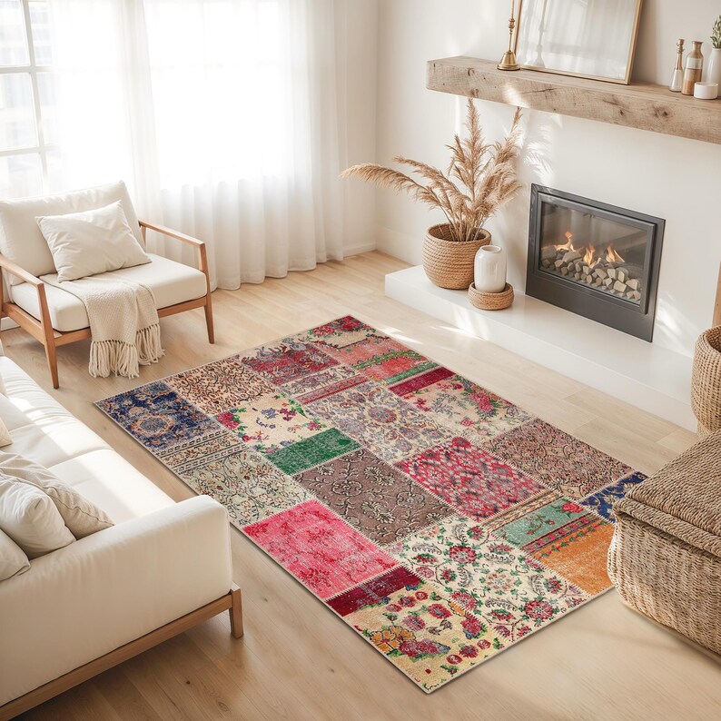 Vintage Patchwork Patterned Rectangle Area Rug | Boho Chic Living Room ...