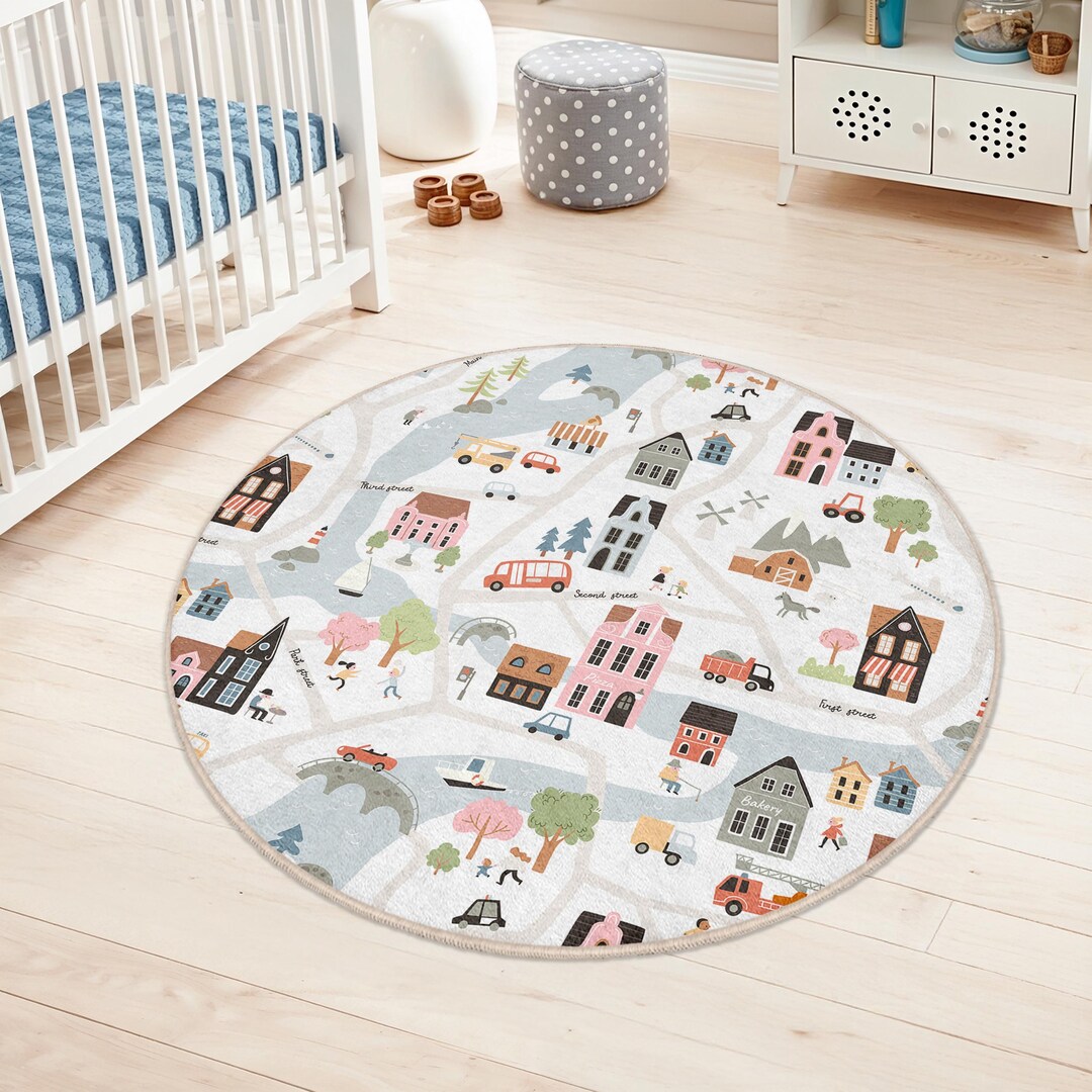 City Child Map Rug Playful Round City Map Rug | Colorful Kids Room Carpet | Soft Non-slip ...