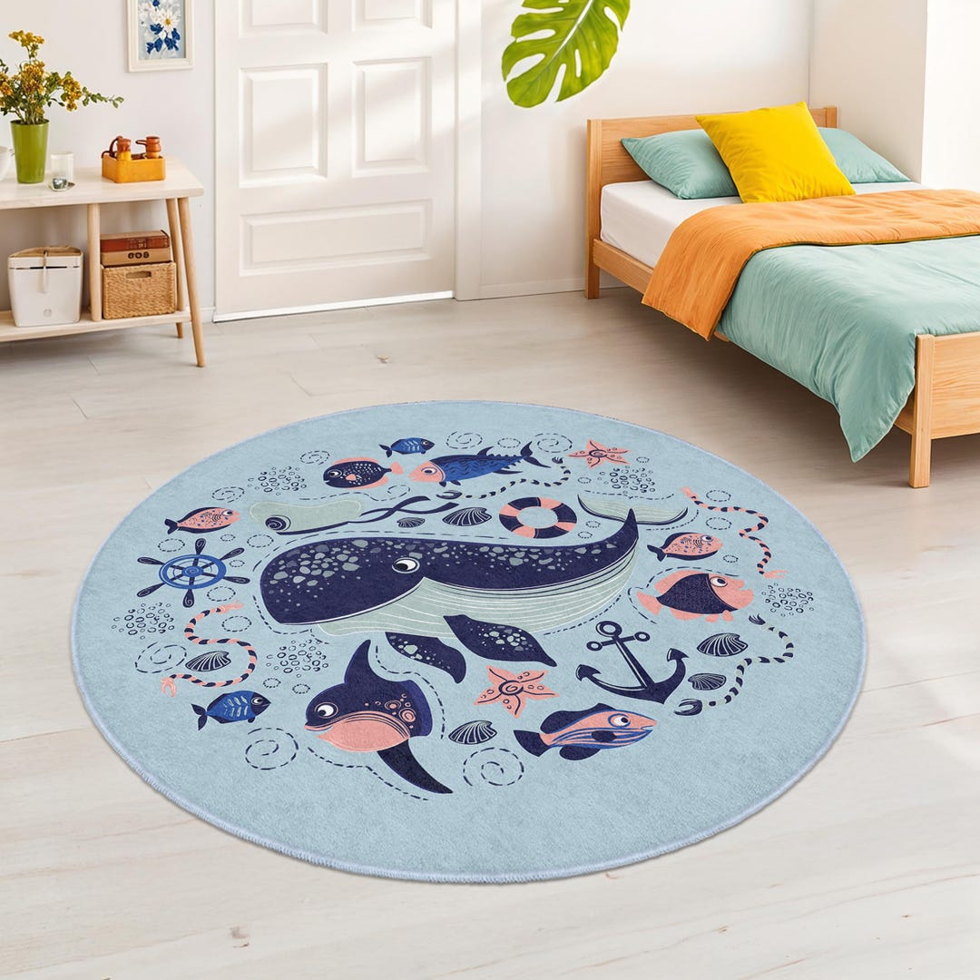 Whale and Fish Themed Round Kids Room Rug | Ocean Adventure Play Mat ...