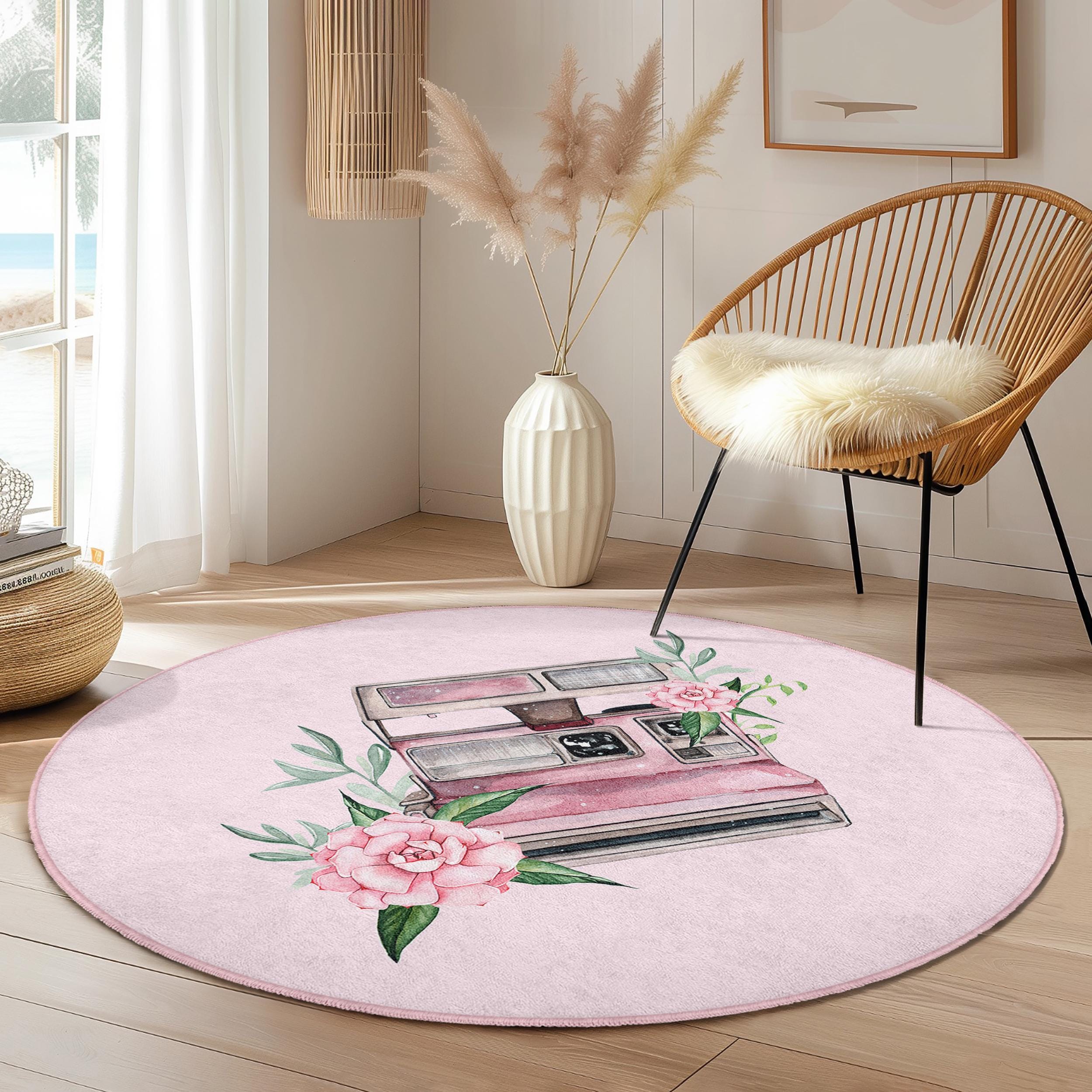 Vintage Floral Round Area Rug | Pink Floral Living Room Carpet