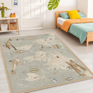 Vintage World Map Rectangular Kids Rug | Airplane and Balloon Theme Carpet | Adventure Nursery Decor | Unique Children’s Room Mat