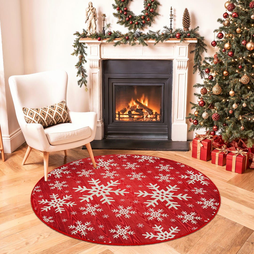 Snowflake Pattern Round Area Rug | Cozy Red Winter Decor | Holiday ...