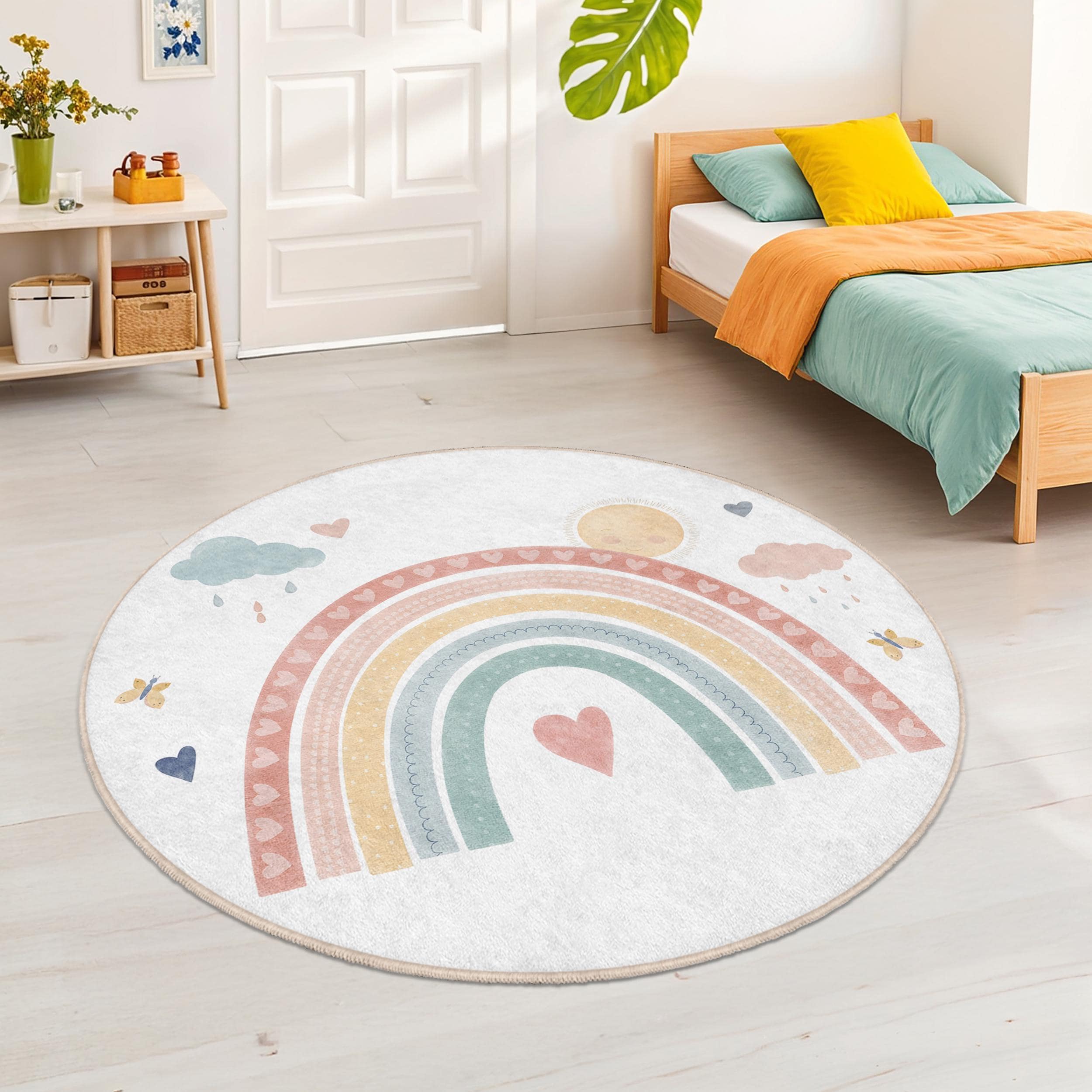 Tappeto Rotondo Per Bambini 120cm Sole Arcobaleno – Morbido Antiscivolo Lavabile - 3