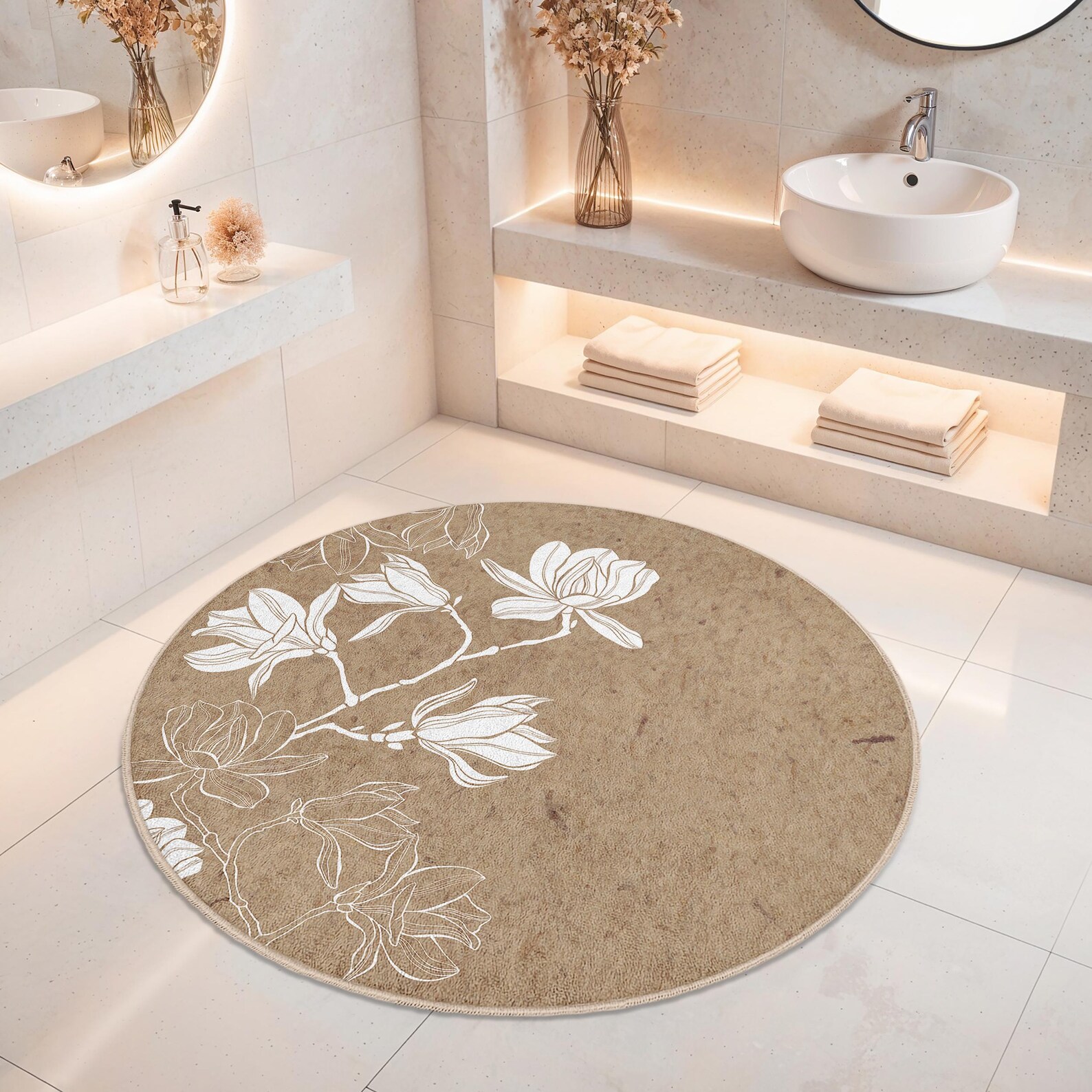 Floral Round Bath Mat | Elegant Flower Design Bathroom Rug | Soft and ...