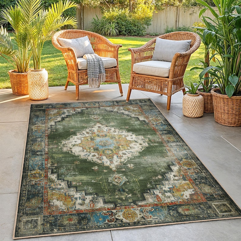 May include: A rectangular green area rug with a distressed, vintage-inspired design. The rug features a central medallion pattern in cream, blue, and yellow, surrounded by a border of darker green and blue. Two wicker chairs are in the background.