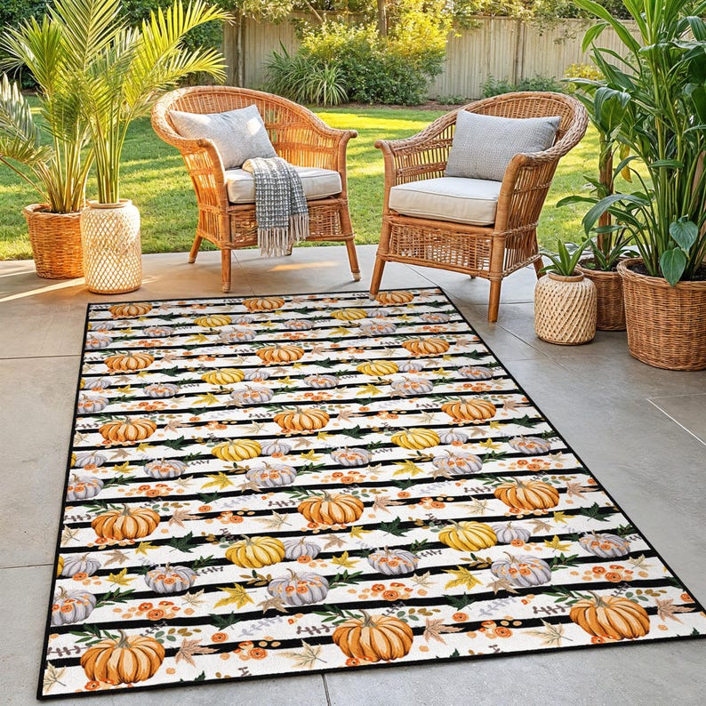 May include: Rectangular outdoor rug with a fall theme. The rug has a white background with black horizontal stripes and a pattern of orange, yellow, and grey pumpkins, with autumn leaves and floral accents. The rug is on a patio with wicker chairs.