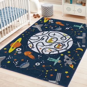Space Adventure Themed Washable Kids Rectangular Rug | Outer Space Play Mat | Children&#39;s Room Carpet | Best Astronaut Rugs