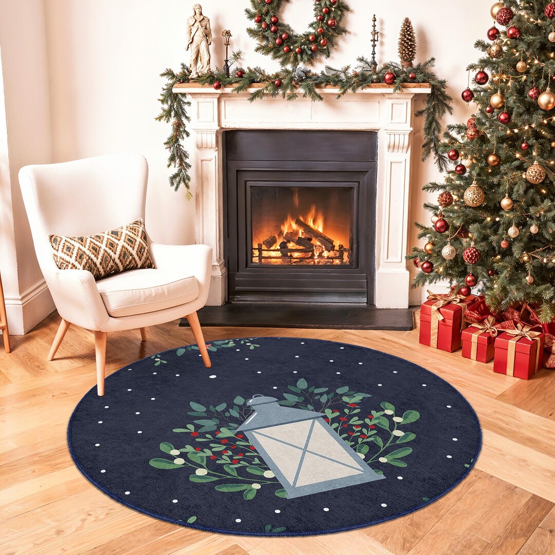 Christmas Round Rug with Lantern Design | Holiday Decorative Floor