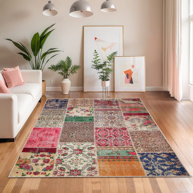 Vintage Patchwork Patterned Rectangle Area Rug | Boho Chic Living Room ...